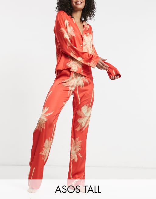 ASOS DESIGN Tall exclusive palm print satin shirt & pant pajama set in  orange