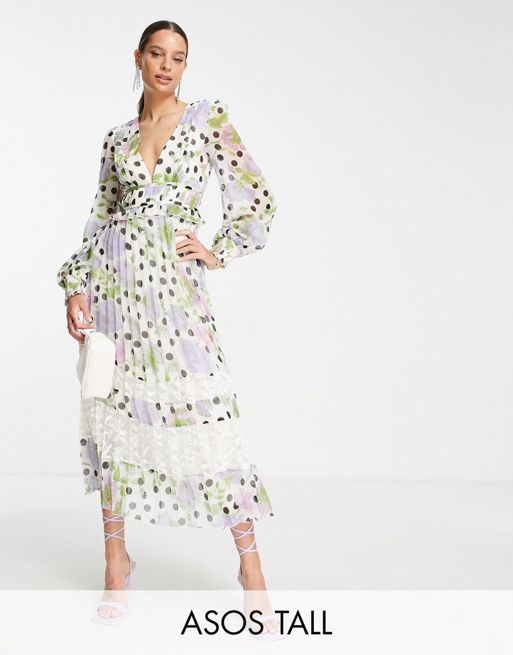 ASOS DESIGN Tall Exclusive – Plisowana sukienka midi w kwiaty i kropki z  głębokim dekoltem i koronkową wstawką u dołu | ASOS