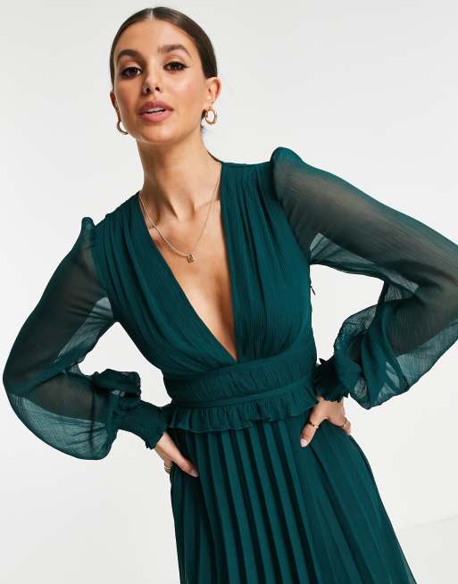 ASOS DESIGN Tall Exclusive plunge pleated midi dress with lace insert hem in forest green ASOS