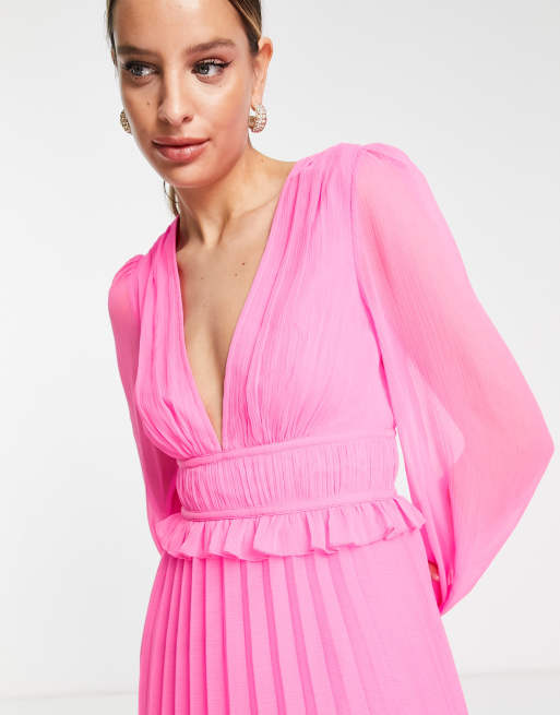 Asos pink pleated midi dress online