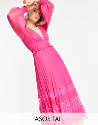 ASOS DESIGN Tall Exclusive plunge pleated midi dress with lace insert hem in hot pink