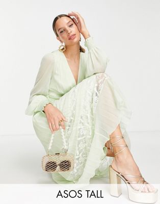 ASOS DESIGN Tall Exclusive plunge pleated midi dress with lace insert hem in sage green - ASOS Price Checker