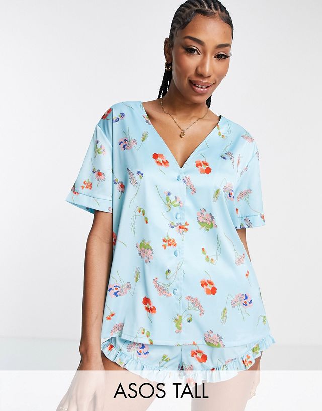 ASOS DESIGN Tall exclusive satin floral collarless shirt & short pajama set in blue