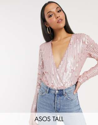 ASOS DESIGN Tall - Exclusieve body met overslag en lovertjes in roze Roze