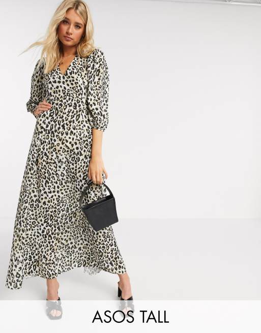 ASOS DESIGN Tall exclusive trapeze maxi dress with puff sleeve in leopard print