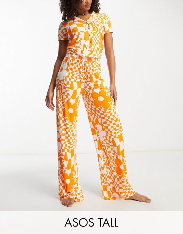 ASOS DESIGN Tall Exclusive viscose floral checkerboard shirt & pants pajama set in orange