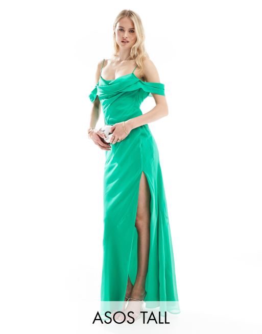 ASOS DESIGN Tall Exclusive – Zielona sukienka maxi na ramiączkach z drapowanym dekoltem i odkrytymi ramionami