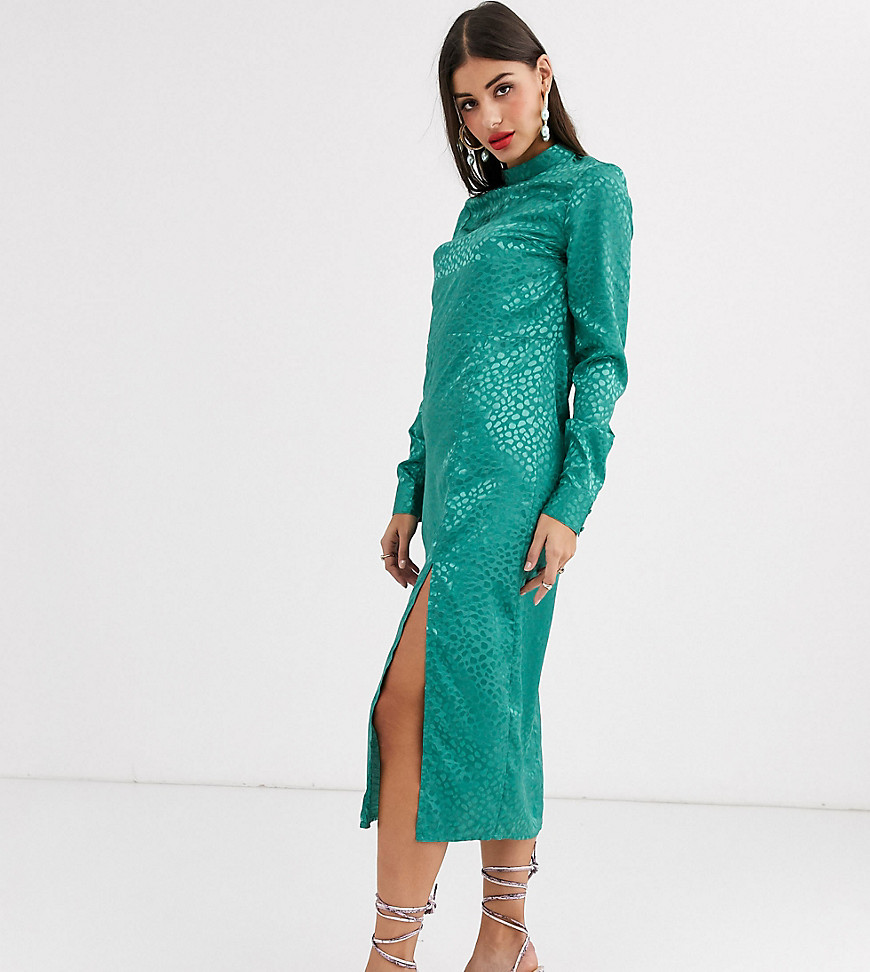 ASOS DESIGN Tall – Exklusiv – Midiklänning i kolonnmodell av jacquardtyg med lång ärm-Grön