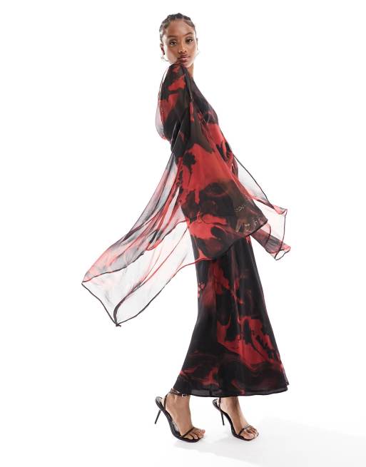 ASOS DESIGN Tall extreme drape sleeve maxi dress with open back in red  abstract print