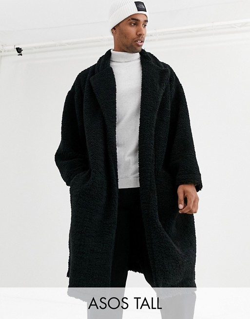 ASOS DESIGN Tall extreme oversized duster jacket in black teddy borg