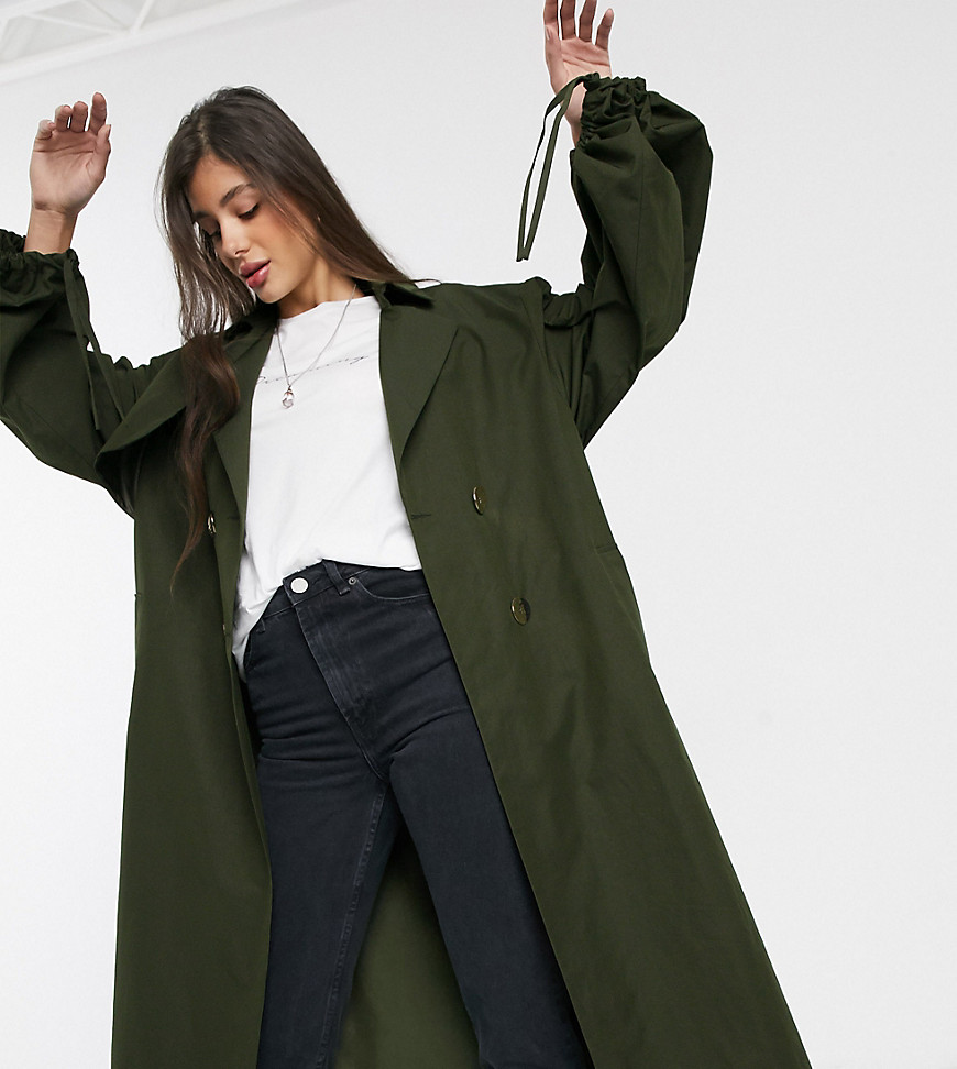 ASOS DESIGN Tall extreme sleeve trench coat in khaki-Green