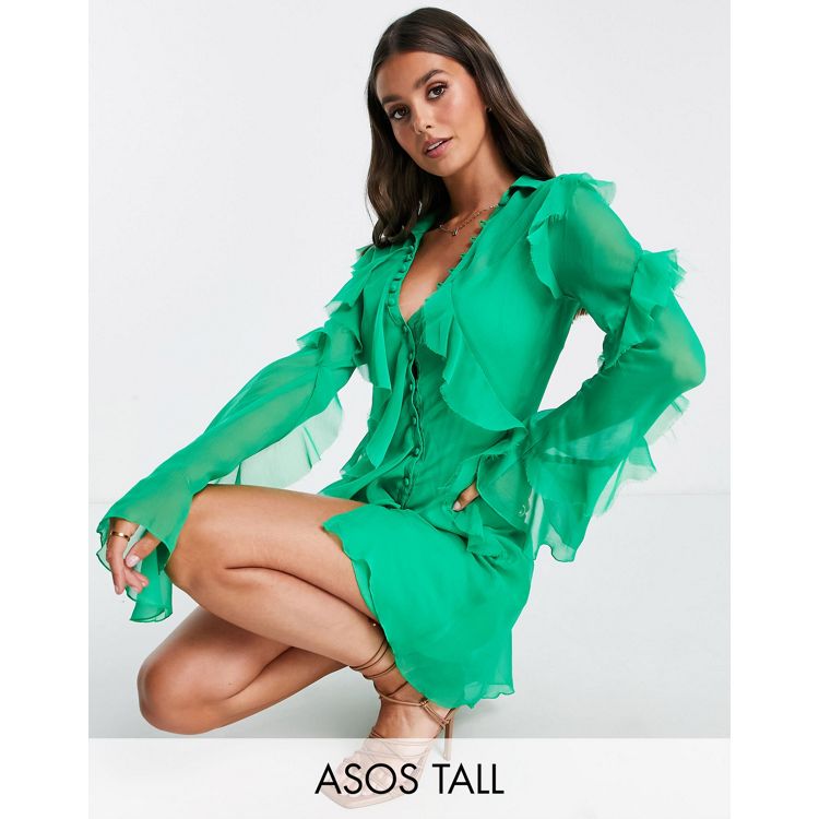 ASOS DESIGN Tall – Falbankowa sukienka koszulowa mini o kroju ze skosu |  ASOS