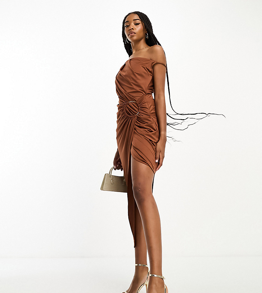 Asos Tall Asos Design Tall Fallen Shoulder Draped Ring Detail Midi Dress In Chocolate-brown