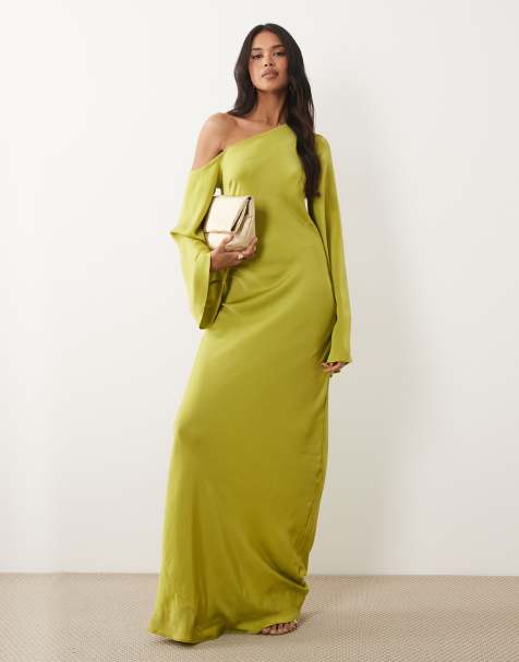 ASOS DESIGN Tall fallen shoulder long sleeve column maxi dress in light olive - view 1