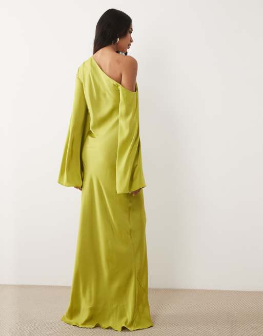 ASOS DESIGN Tall fallen shoulder long sleeve column maxi dress in light olive, 4 of 4