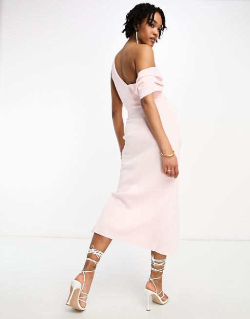 ASOS DESIGN Tall fallen shoulder manipulated tuck midi pencil dress in baby  pink