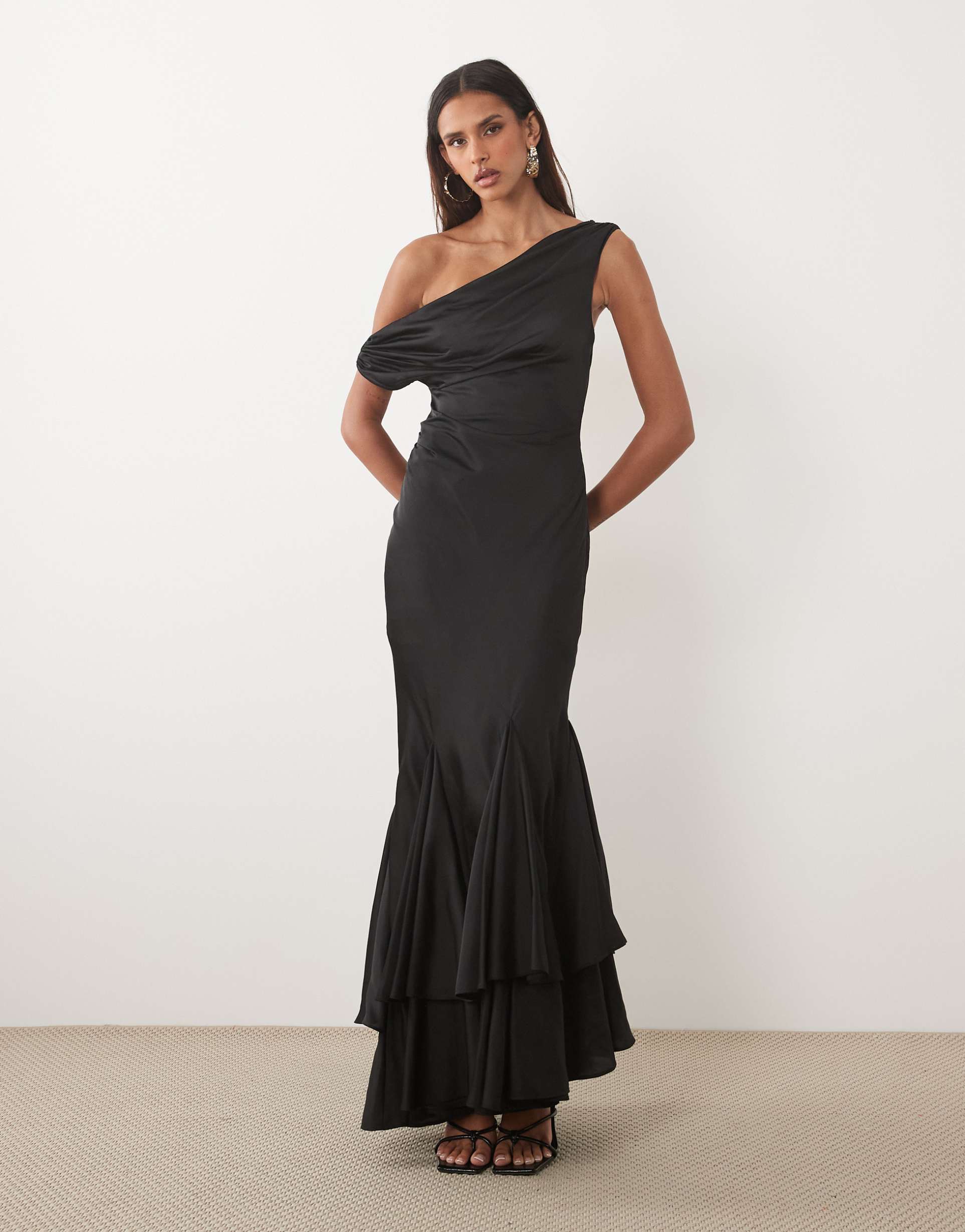 asos design tall fallen shoulder midaxi dress with asymmetric godet hem in black