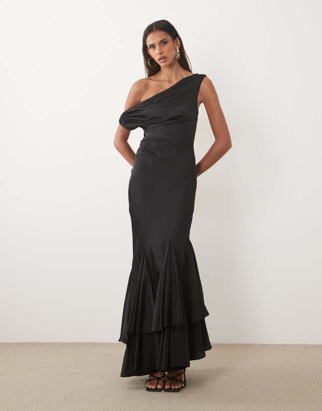 ASOS DESIGN Tall fallen shoulder midaxi dress with asymmetric godet hem in black