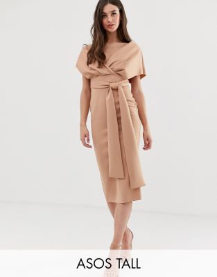 asos design fallen shoulder midi pencil dress with tie detail