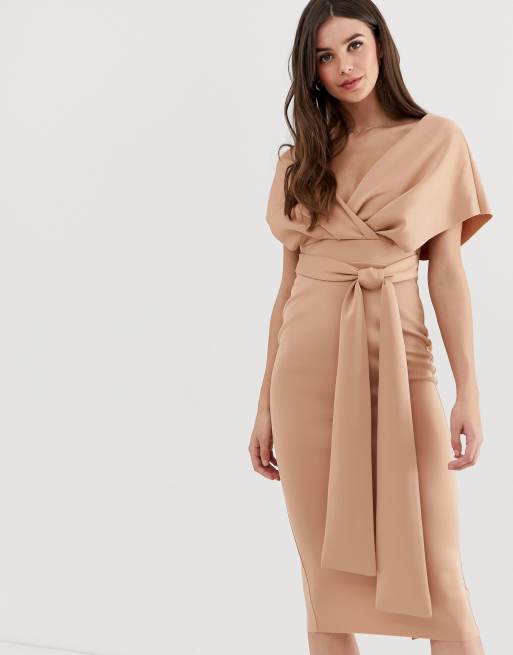 Asos fallen shoulder midi pencil sale dress