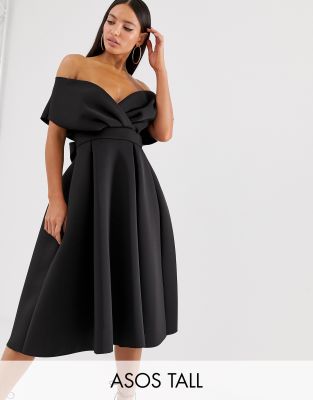 ASOS DESIGN Tall fallen shoulder midi prom dress with tie detail in black ASOS Tall