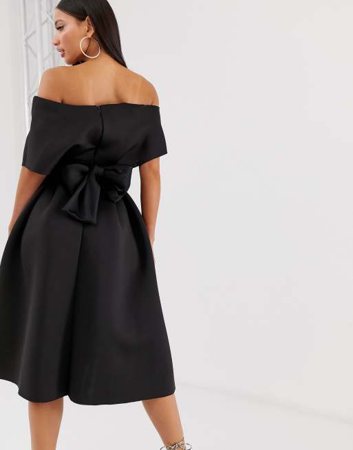 ASOS DESIGN Tall fallen shoulder midi prom dress with tie detail in black