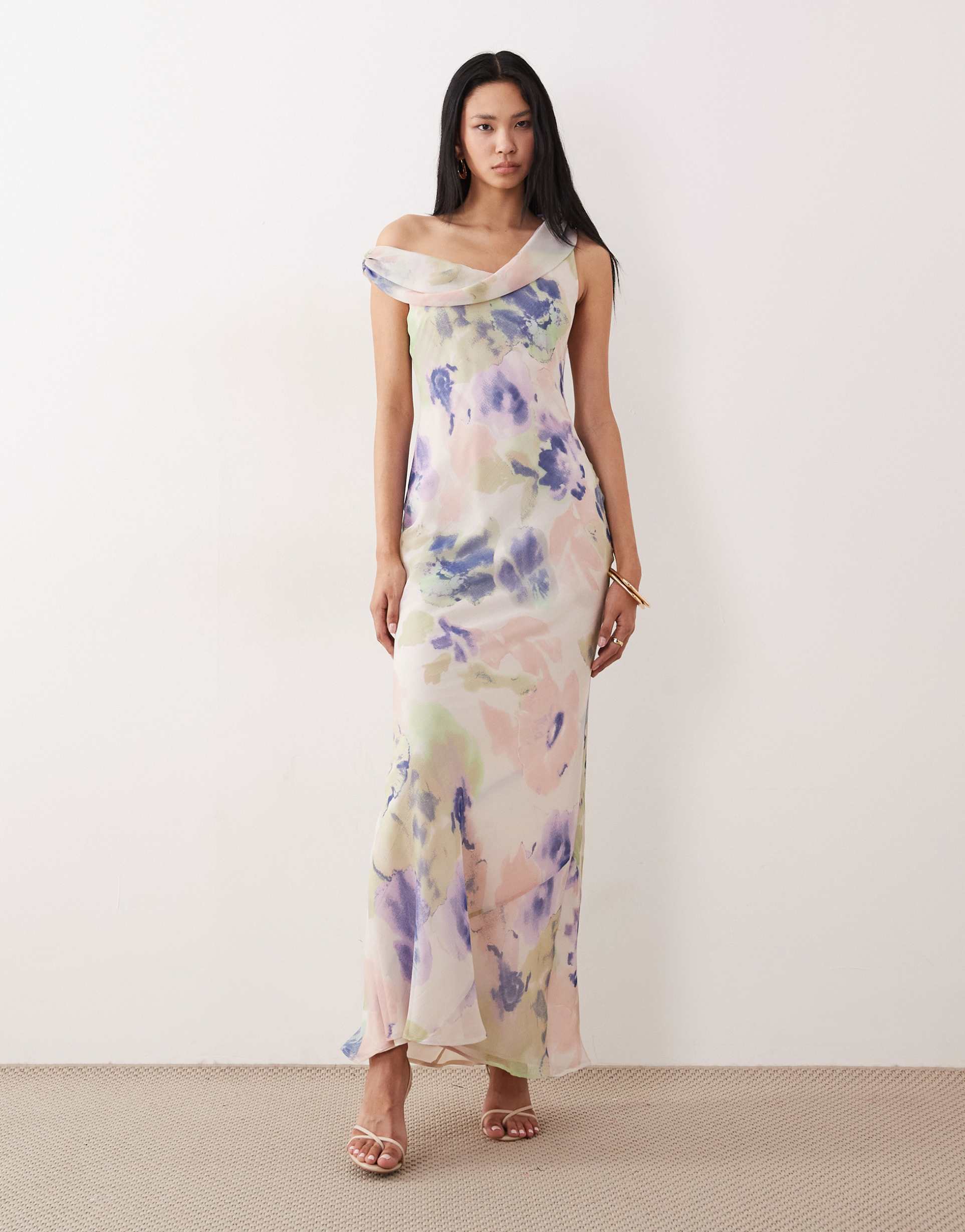 asos design tall fallen twist shoulder chiffon midi dress in abstract print