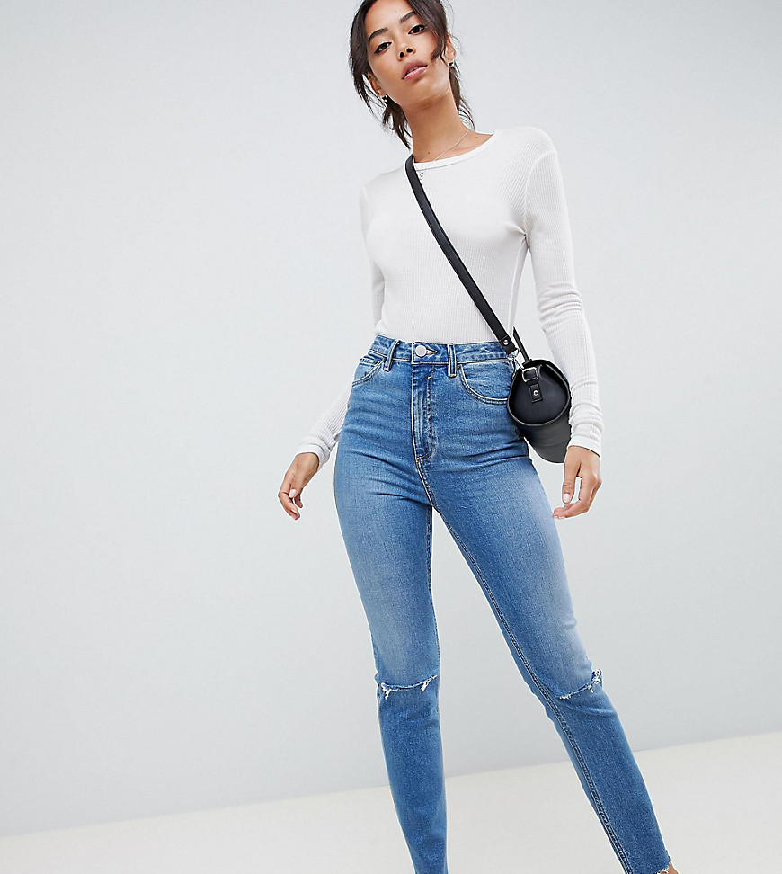 ASOS DESIGN Tall Farleigh high waist slim mom jeans in mid stonewash blue with rips