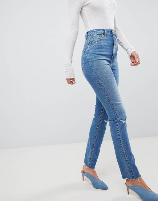 ASOS DESIGN Tall Farleigh high waist slim mom jeans in mid stonewash blue with rips, 4 of 4