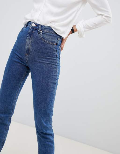 ASOS DESIGN Tall Farleigh high waisted slim mom jeans in flat blue - MBLUE, 3 of 4
