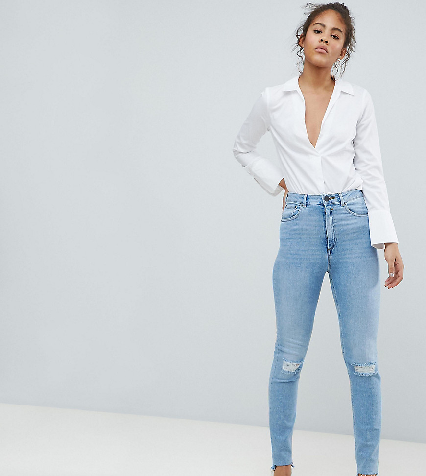 ASOS DESIGN Tall Farleigh high waisted slim mom jeans in light vintage wash with busted knee and rip & repair detail-Blue