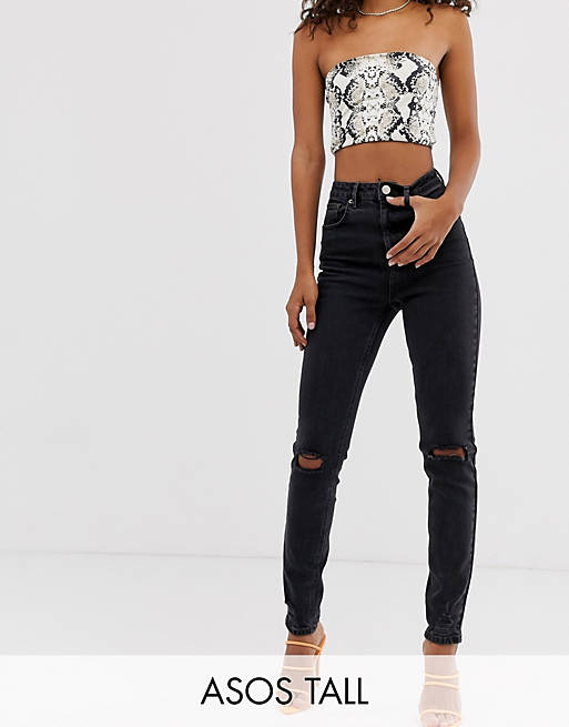 ASOS DESIGN Tall Farleigh high waisted slim mom jeans in washed black with busted knees