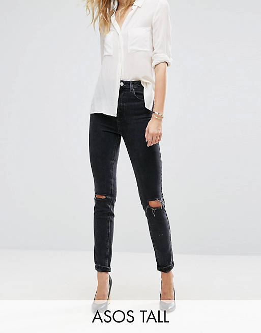 ASOS DESIGN Tall Farleigh high waisted slim mom jeans in washed black with busted knees