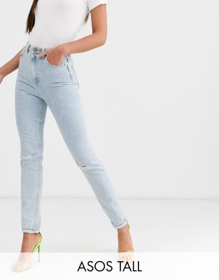 Asos Tall Asos Design Tall Farleigh High Waisted Slim Mom Jeans With Rips In Light Acid Wash-blue