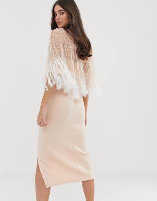 ASOS DESIGN Tall faux feather cape midi pencil dress