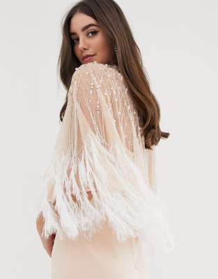 asos design faux feather cape midi pencil dress