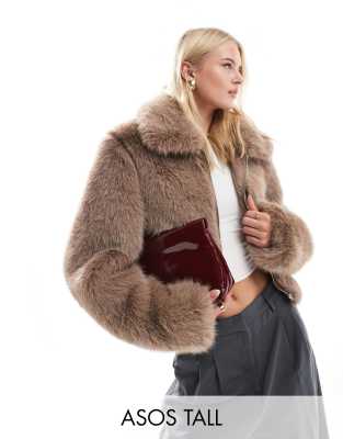 ASOS Tall ASOS DESIGN tall faux fur bomber jacket in mink-Brown