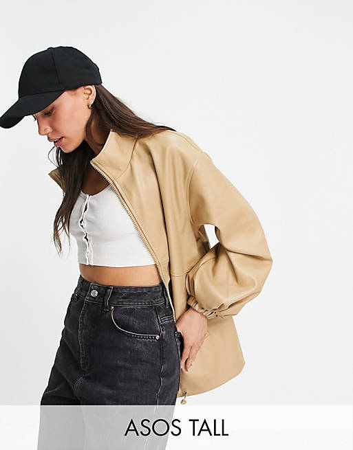 ASOS DESIGN Tall faux leather bomber jacket in camel