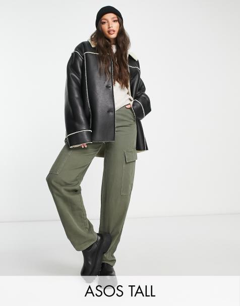 ASOS DESIGN Tall faux leather bonded borg shacket in black - view 1