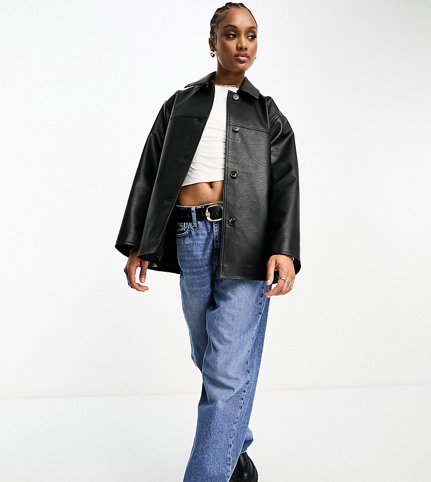 Asos Tall Asos Design Tall Faux Leather Clean Top Collar Jacket In Black