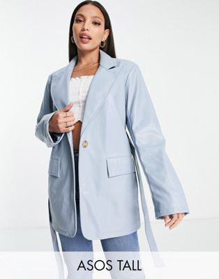ASOS DESIGN Tall faux leather dad blazer jacket in blue - ASOS Price Checker