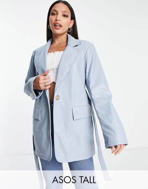 ASOS DESIGN Tall faux leather dad blazer jacket in blue | ASOS