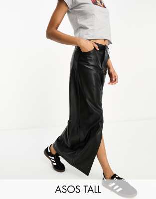 ASOS Tall ASOS DESIGN Tall faux leather maxi skirt with front split in black