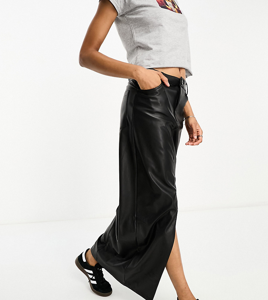 ASOS DESIGN Tall faux leather maxi skirt with front split in black