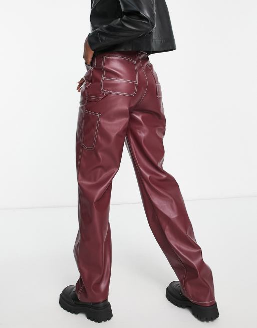 ASOS DESIGN Tall faux leather minimal cargo trousers in oxblood with  contrast stitch