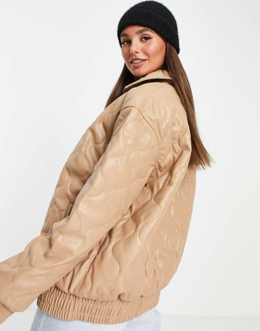 ASOS DESIGN waterfall quilted faux leather jacket in camel