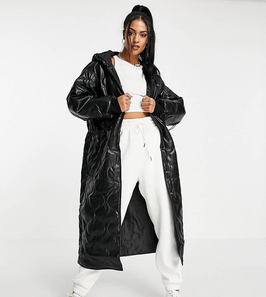 ASOS DESIGN Tall faux leather quilted hooded puffer coat in black