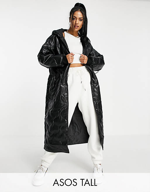 ASOS DESIGN Tall faux leather quilted hooded puffer coat in black | ASOS