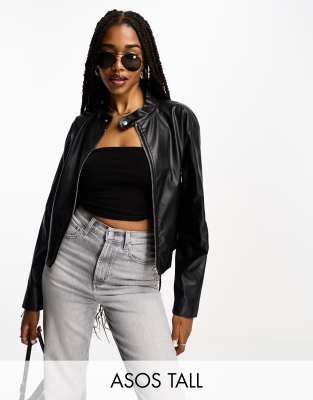 ASOS DESIGN Tall faux leather shrunken moto biker jacket in black | ASOS