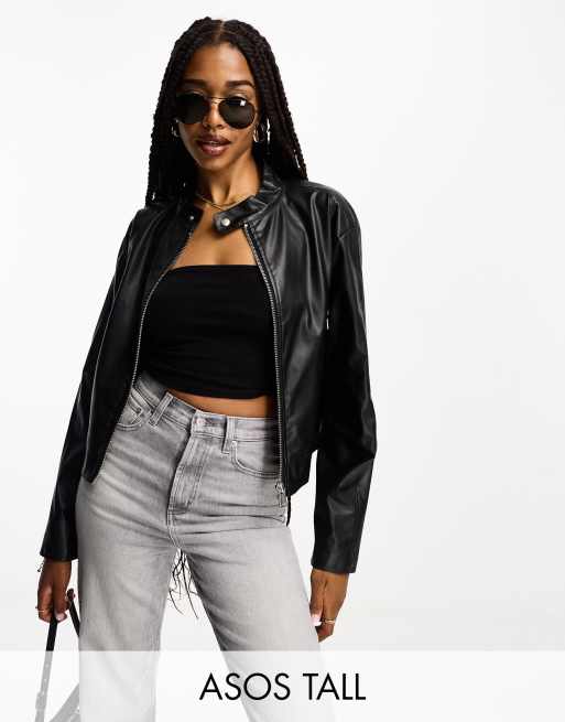 ASOS DESIGN Tall faux leather shrunken moto biker jacket in black ASOS